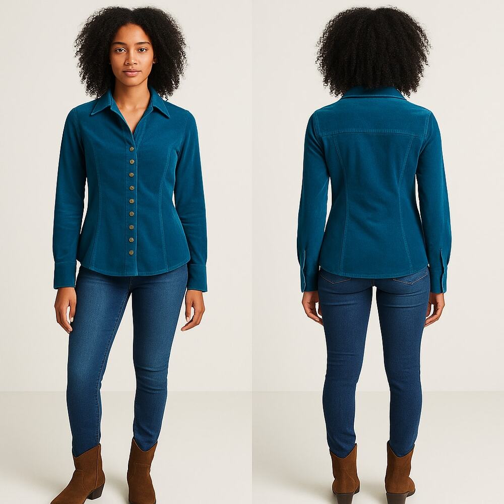 Christopher & Banks Corduroy Shirt Womens M Teal Snap Front Fitted Western Retro